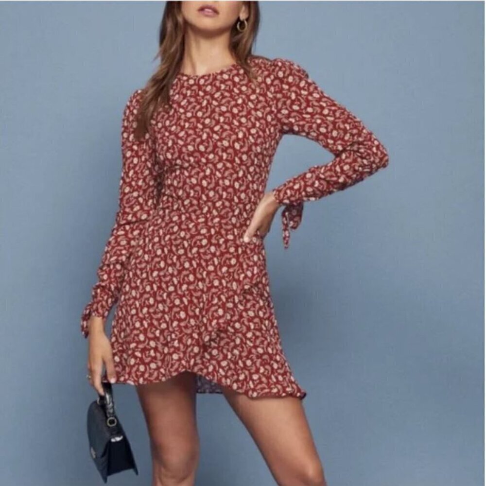 Reformation Lucita Dress Red Floral White Long Sleeve Mini Dress Size 0